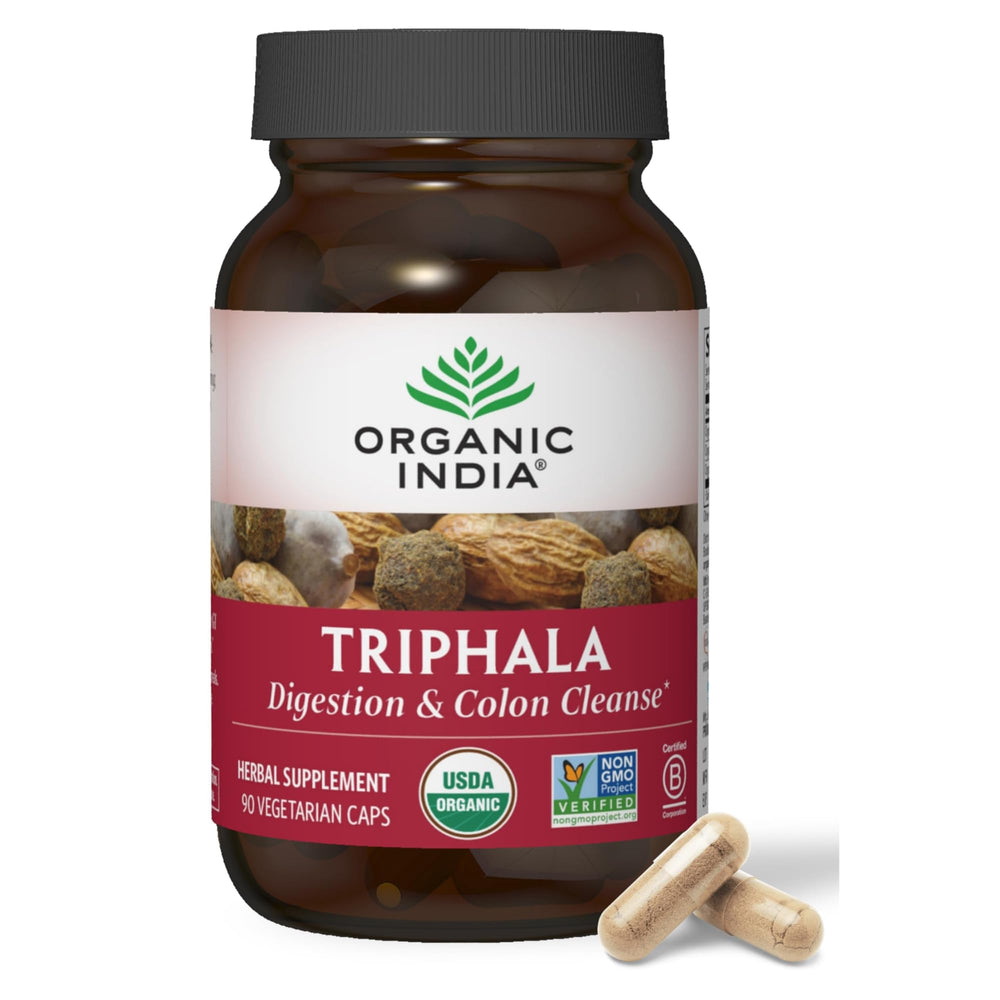 ORGANIC INDIA envase frontal de Triphala 90 cápsulas mostrando diseño y marca