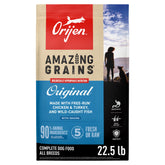 ORIJEN bag front showing Amazing Grains packaging and nutritional benefits
