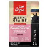 ORIJEN front packaging showing small-breed 4lb bag and benefits