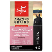 ORIJEN front packaging showing small-breed 4lb bag and benefits