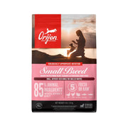 ORIJEN front 4 lb bag showing small breed formula and benefits