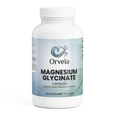 Orvela bottle front label showing magnesium glycinate benefits and clean formula