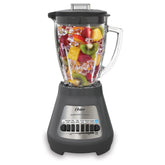 Oster front view of blender showing gray base and glass jar, brand durable design