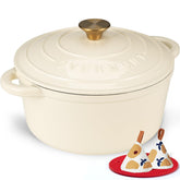 Overmont vista frontal de la olla 7QT crema mostrando diseño y tapa, ideal para servir