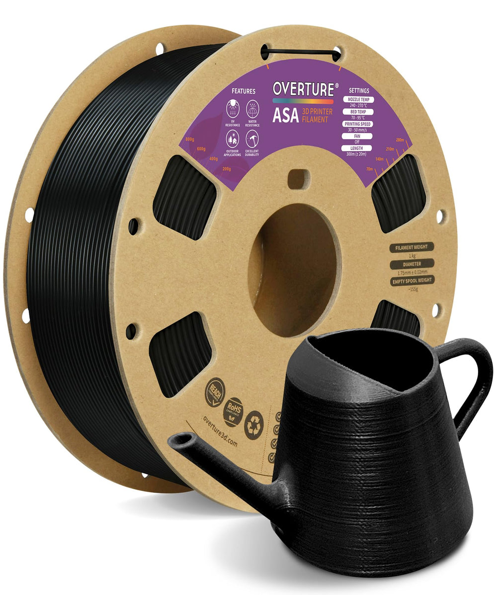 OVERTURE ASA spool front view showing black filament and clear labeling for durable prints