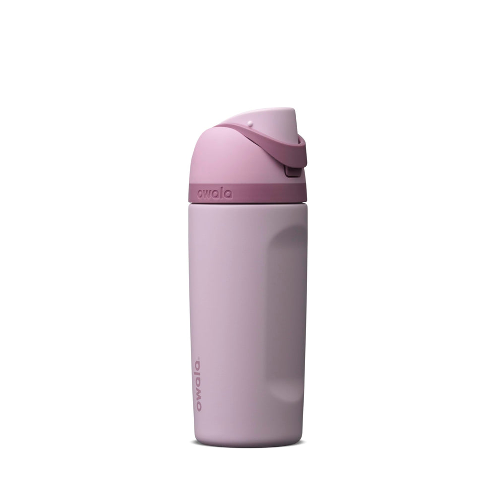 Owala FreeSip Lilac front view showing bottle and locked lid for easy transport