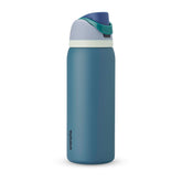 Owala FreeSip denim front view showing bottle and locking lid benefit of secure transport