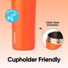 Owala FreeSip bottle clipped to backpack with locked carry loop for secure travel