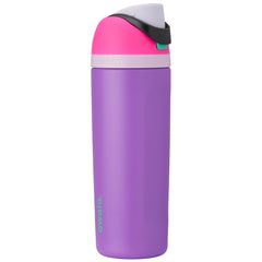 Owala FreeSip front view showing lid and playful pink purple finish for easy carry