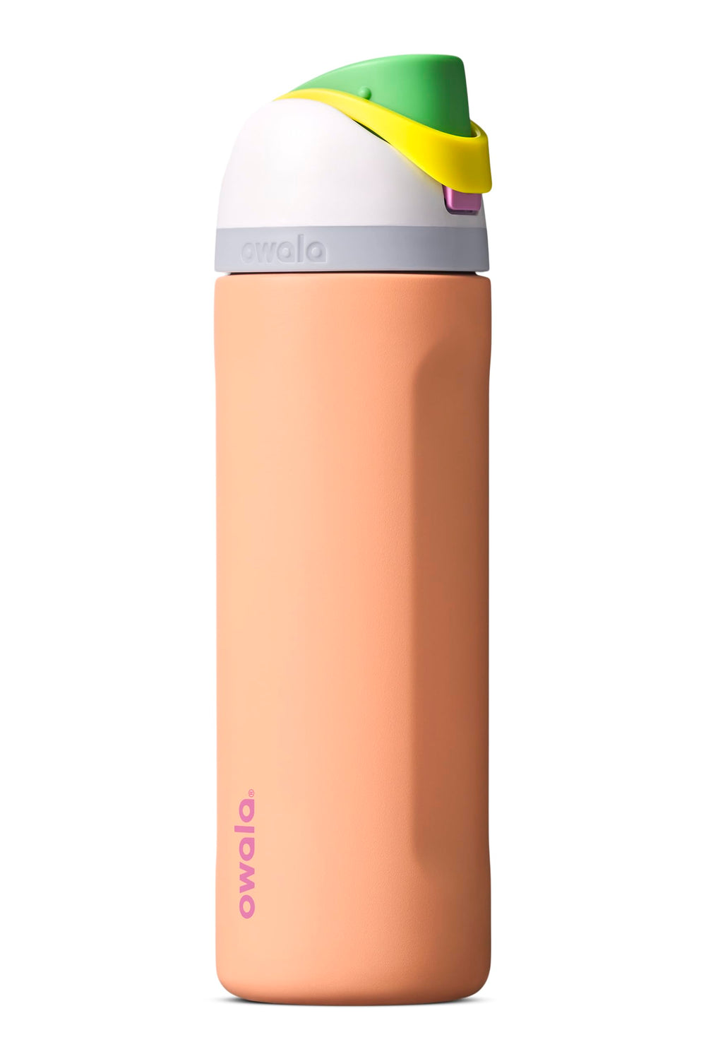 Owala FreeSip Peachy Keen vista frontal con acabado colorido y portavasos