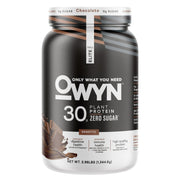 OWYN envase frontal chocolate 30g proteína vegana mostrando tamaño y marca