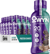 OWYN front packaging showing cookies n creamless bottle and benefits