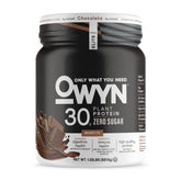 OWYN envase frontal sabor chocolate con 30 g de proteína por porción y sin azúcar