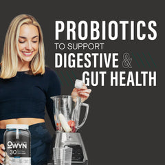 OWYN detalle de etiqueta nutricional con lista de vitaminas y probióticos