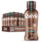 OWYN frasco frontal mostrando etiqueta mocha latte y proteína vegetal