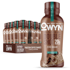 OWYN frasco frontal mostrando etiqueta mocha latte y proteína vegetal