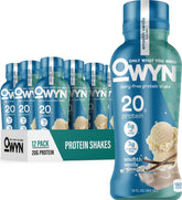 OWYN front packaging of smooth vanilla protein shake showing product benefits and convenience