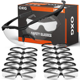 OXG front packaging view showing twelve safety glasses and a clear benefit