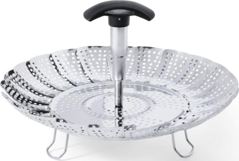 OXO cesta frontal de acero inoxidable, vista completa y beneficio de durabilidad