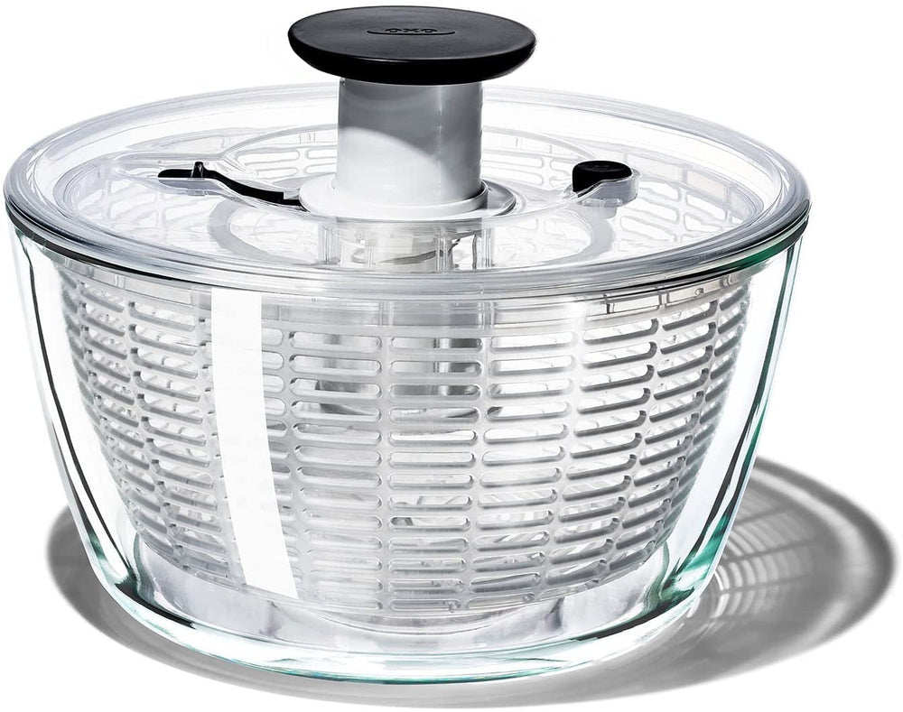 OXO glass salad spinner front view shows elegant bowl and easy serving