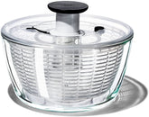 OXO glass salad spinner front view shows elegant bowl and easy serving