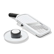 OXO mandoline front view showing compact slicer for consistent cuts