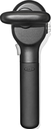 OXO front view of can opener showing soft-grip handles and smooth-edge benefit