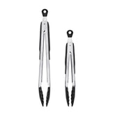 OXO Good Grips tongs front view showing both sizes and clean design for versatile use
