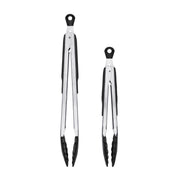 OXO Good Grips tongs front view showing both sizes and clean design for versatile use