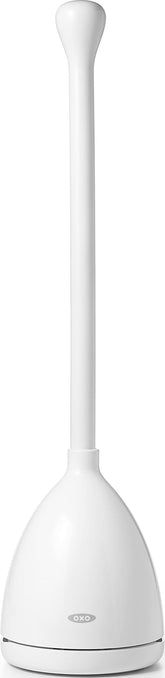 OXO plunger front view showing clean white canister and discreet storage benefit