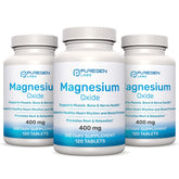 P Puregen Labs frasco frontal del suplemento de magnesio 400 mg resaltando duración