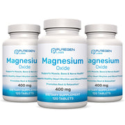 P Puregen Labs frasco frontal del suplemento de magnesio 400 mg resaltando duración
