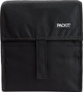 PackIt front view showing black freezable lunch bag and secure zip closure benefit cooling