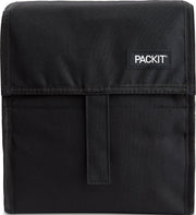 PackIt front view showing black freezable lunch bag and secure zip closure benefit cooling