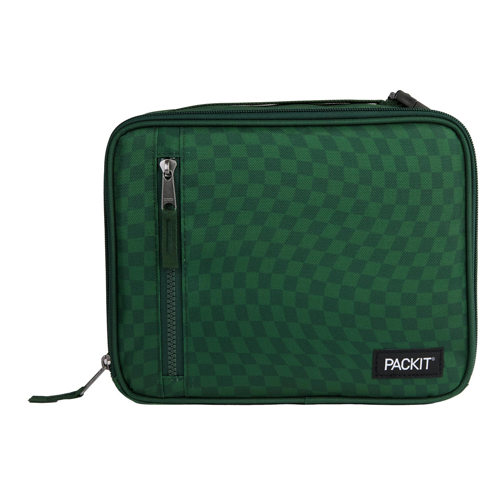 PackIt lonchera frontal mostrando diseño Checker Wave Olive y cierre práctico