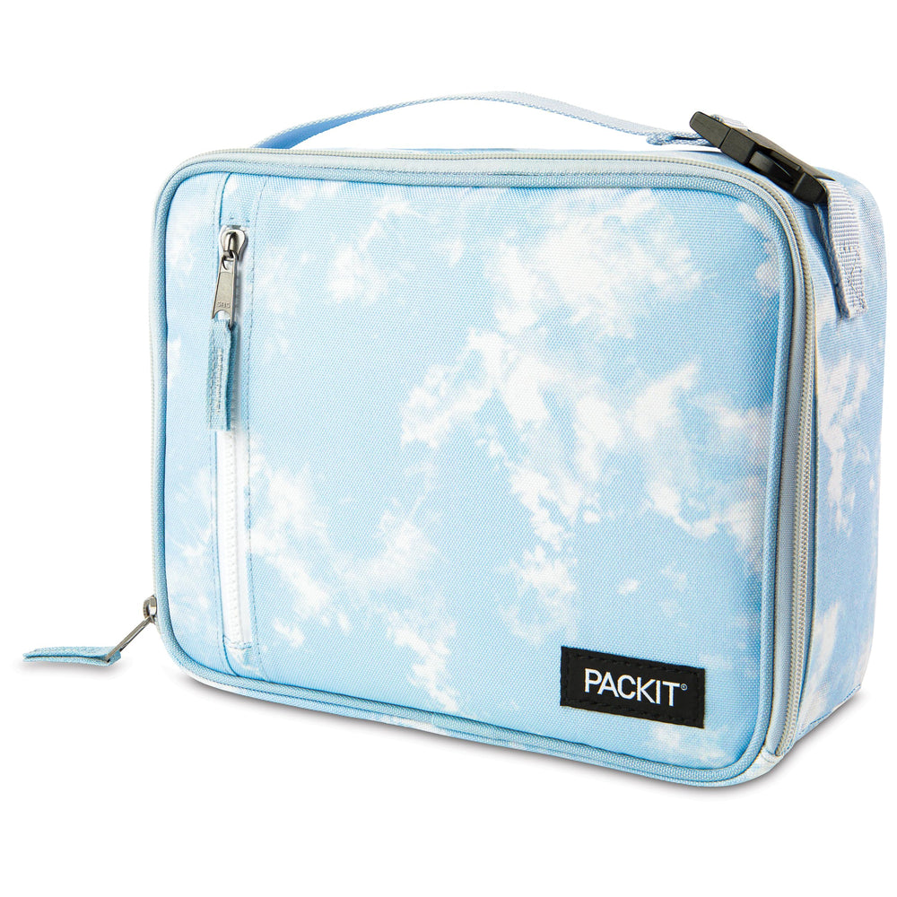 PackIt lonchera frontal azul Sky mostrando cierre y tamaño práctico