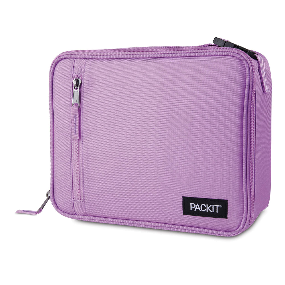 PackIt lonchera frontal lavanda mostrando cierre y diseño fácil de usar