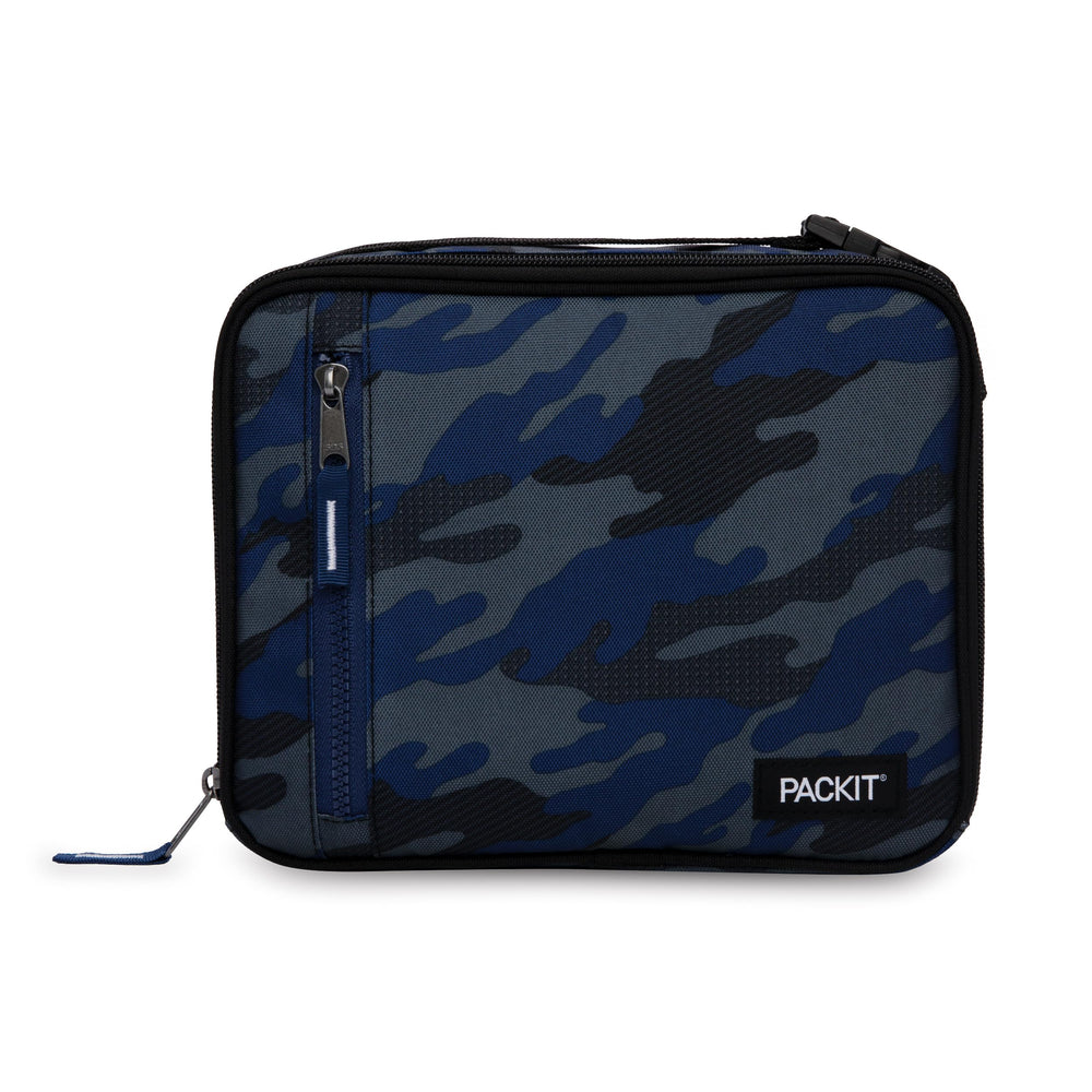 PackIt Sporty Camo Navy vista frontal mostrando diseño y cremallera, fácil transporte