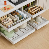 PAKETA front view of four assembled pull out organizers shows space-saving benefit