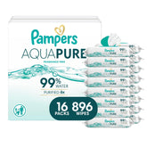 Pampers Aqua Pure front packaging showing unscented, water-based wipes and count