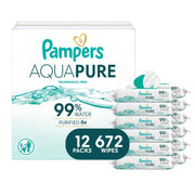 Pampers Aqua Pure front pack showing unscented 12-pack value for gentle cleaning