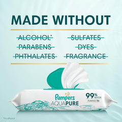 Hand pulling a Pampers Aqua Pure wipe demonstrating single-wipe dispensing convenience