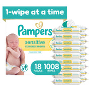 Pampers sensitive front packaging showing 18 flip-top packs and count