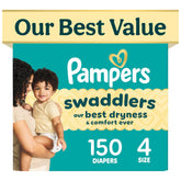 Pampers Swaddlers front packaging showing 150 count and size 4 — clear product info and convenience