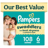 Pampers Swaddlers pack front showing size 6 and 108-count benefit