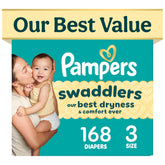 Pampers front pack image showing size 3 and 168 count for reliable supply