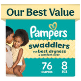 Pampers Swaddlers front packaging shows count and size for convenience