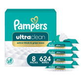Pampers Ultraclean frente del paquete mostrando cantidad y tapa