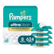 Pampers Ultraclean frente del paquete mostrando cantidad y tapa