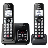 Panasonic front view showing base and two handsets, clear system overview